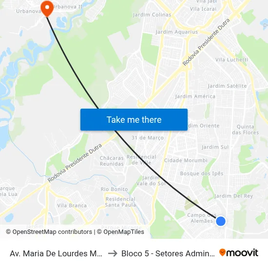 Av. Maria De Lourdes Medeiros De Assis, 140 to Bloco 5 - Setores Administrativos Fve / Univap map