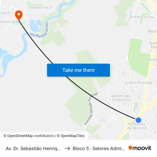 Av. Dr. Sebastião Henrique Da Cunha Pontes, 29 to Bloco 5 - Setores Administrativos Fve / Univap map