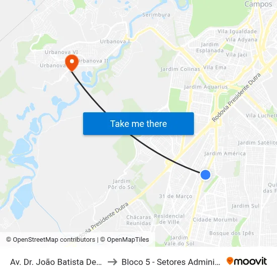 Av. Dr. João Batista De Souza Soares, 333 to Bloco 5 - Setores Administrativos Fve / Univap map