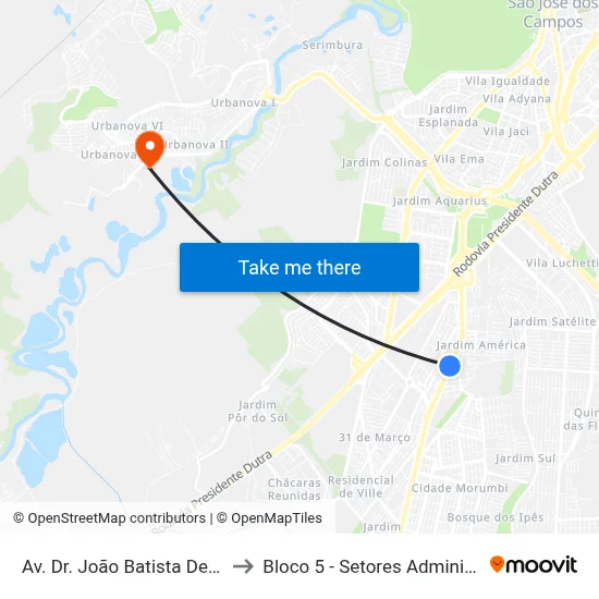 Av. Dr. João Batista De Souza Soares, 930 to Bloco 5 - Setores Administrativos Fve / Univap map