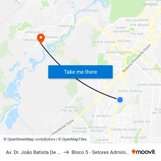 Av. Dr. João Batista De Souza Soares, 1180 to Bloco 5 - Setores Administrativos Fve / Univap map