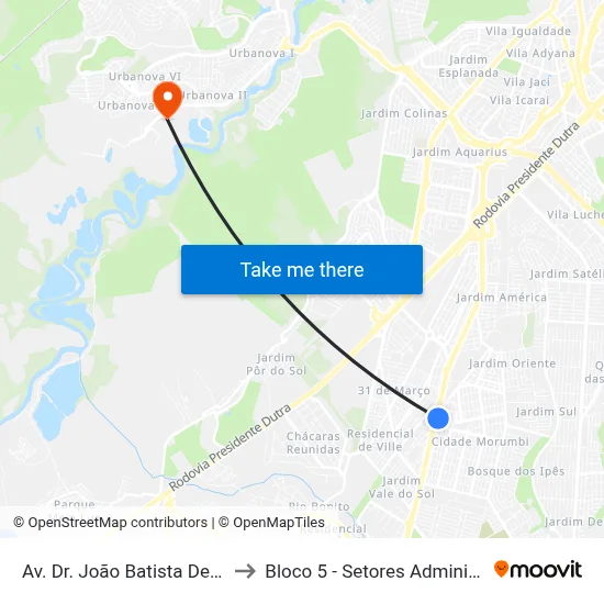 Av. Dr. João Batista De Souza Soares, 100 to Bloco 5 - Setores Administrativos Fve / Univap map