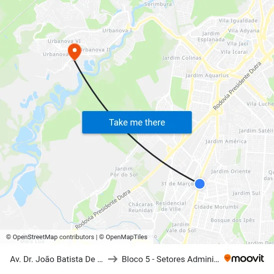 Av. Dr. João Batista De Souza Soares, 2699 to Bloco 5 - Setores Administrativos Fve / Univap map