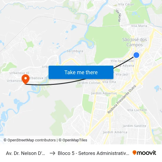 Av. Dr. Nelson D'Avila, 485 to Bloco 5 - Setores Administrativos Fve / Univap map