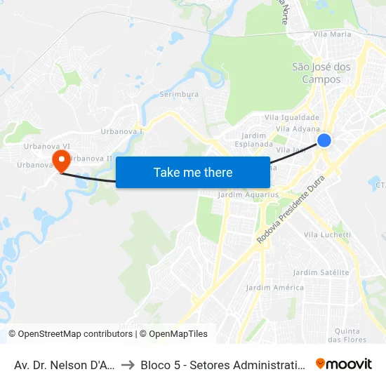 Av. Dr. Nelson D'Avila, 1398 to Bloco 5 - Setores Administrativos Fve / Univap map