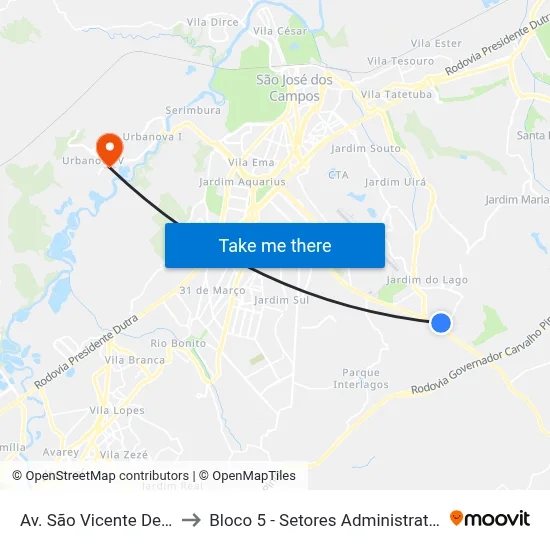 Av. São Vicente De Paulo, 104 to Bloco 5 - Setores Administrativos Fve / Univap map