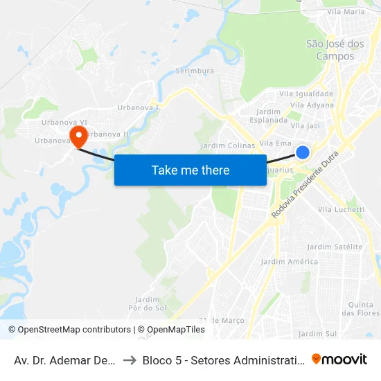 Av. Dr. Ademar De Barros, 29 to Bloco 5 - Setores Administrativos Fve / Univap map