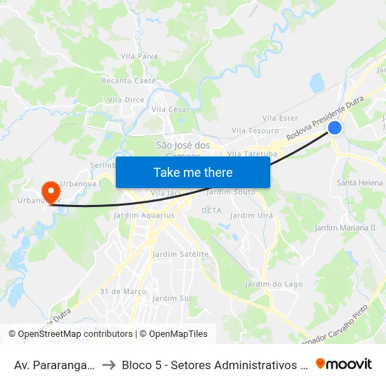 Av. Pararangaba, 60 to Bloco 5 - Setores Administrativos Fve / Univap map