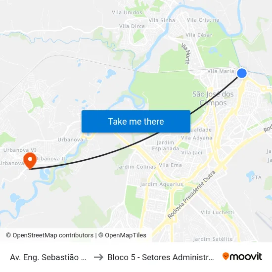 Av. Eng. Sebastião Gualberto, 65 to Bloco 5 - Setores Administrativos Fve / Univap map