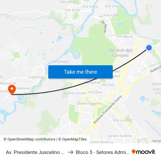 Av. Presidente Juscelino Kubitschek, Oposto 5595 to Bloco 5 - Setores Administrativos Fve / Univap map