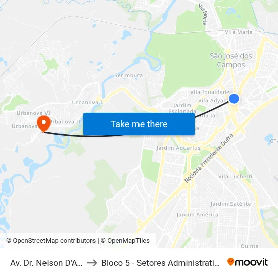Av. Dr. Nelson D'Avila, 1037 to Bloco 5 - Setores Administrativos Fve / Univap map