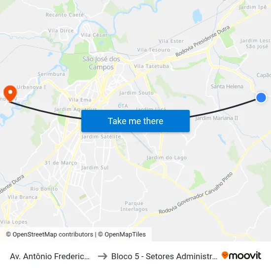 Av. Antônio Frederico Ozanan, 1291 to Bloco 5 - Setores Administrativos Fve / Univap map