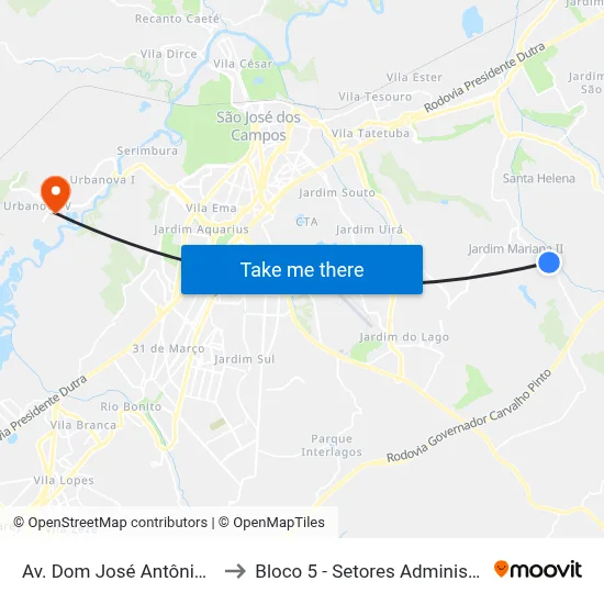 Av. Dom José Antônio Do Couto, 1188 to Bloco 5 - Setores Administrativos Fve / Univap map