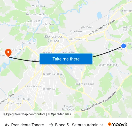 Av. Presidente Tancredo Neves, 4651 to Bloco 5 - Setores Administrativos Fve / Univap map