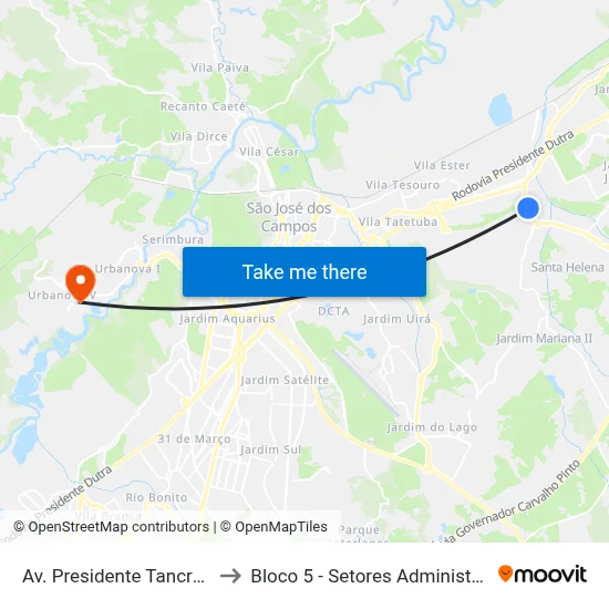 Av. Presidente Tancredo Neves, 168 to Bloco 5 - Setores Administrativos Fve / Univap map