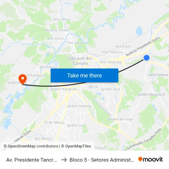 Av. Presidente Tancredo Neves, 650 to Bloco 5 - Setores Administrativos Fve / Univap map