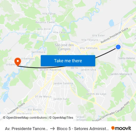 Av. Presidente Tancredo Neves, 1030 to Bloco 5 - Setores Administrativos Fve / Univap map