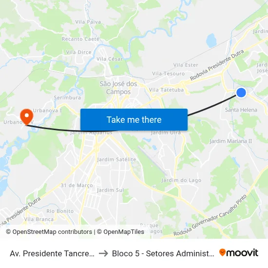 Av. Presidente Tancredo Neves, 2481 to Bloco 5 - Setores Administrativos Fve / Univap map
