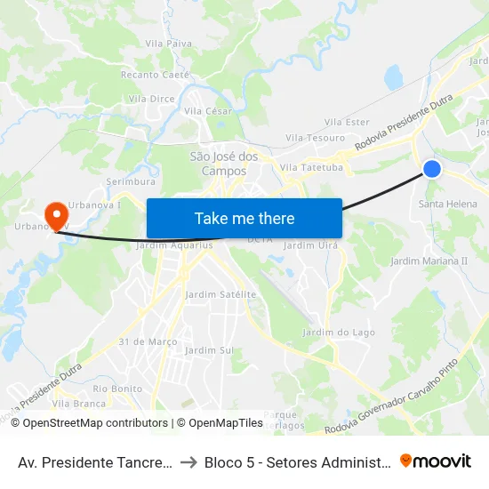 Av. Presidente Tancredo Neves, 1491 to Bloco 5 - Setores Administrativos Fve / Univap map