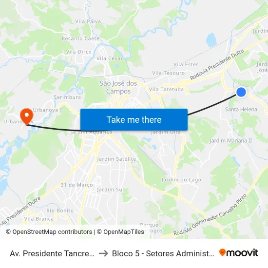 Av. Presidente Tancredo Neves, 2100 to Bloco 5 - Setores Administrativos Fve / Univap map