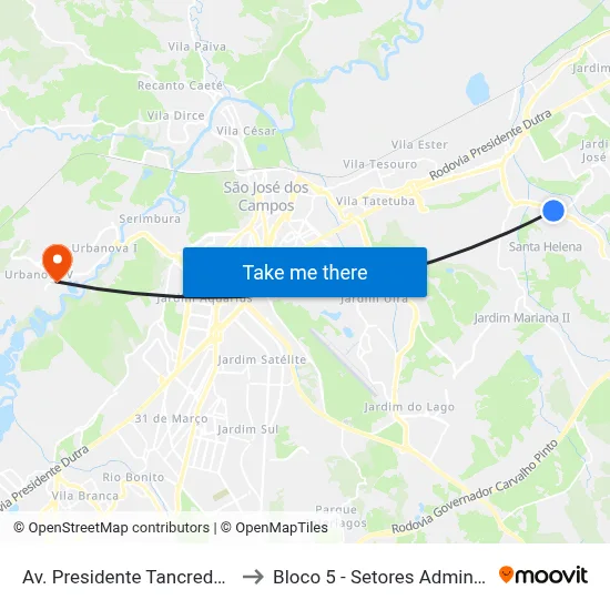 Av. Presidente Tancredo Neves, Frente 2810 to Bloco 5 - Setores Administrativos Fve / Univap map