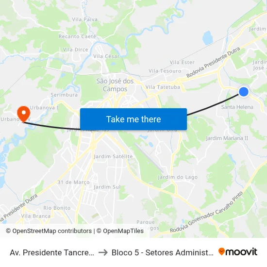 Av. Presidente Tancredo Neves, 3004 to Bloco 5 - Setores Administrativos Fve / Univap map