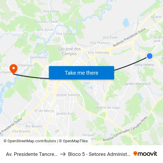 Av. Presidente Tancredo Neves, 3221 to Bloco 5 - Setores Administrativos Fve / Univap map