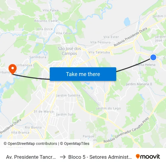 Av. Presidente Tancredo Neves, 900 to Bloco 5 - Setores Administrativos Fve / Univap map