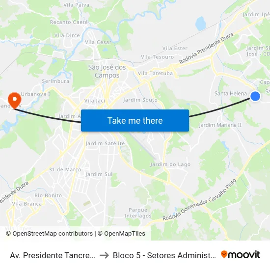Av. Presidente Tancredo Neves, 1082 to Bloco 5 - Setores Administrativos Fve / Univap map