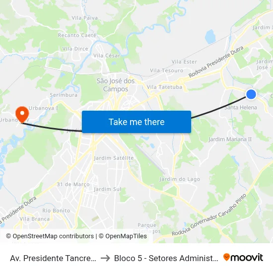 Av. Presidente Tancredo Neves, 3400 to Bloco 5 - Setores Administrativos Fve / Univap map