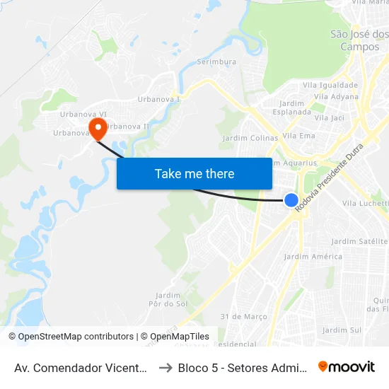 Av. Comendador Vicente De Paulo Penido, 564 to Bloco 5 - Setores Administrativos Fve / Univap map