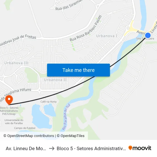 Av. Linneu De Moura, 1900 to Bloco 5 - Setores Administrativos Fve / Univap map