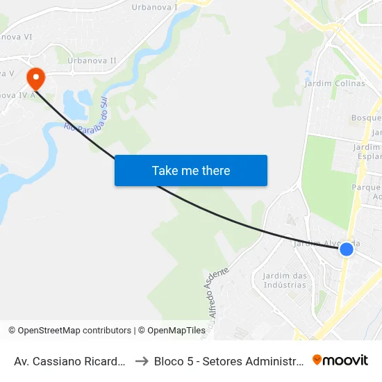 Av. Cassiano Ricardo, Frente 1306 to Bloco 5 - Setores Administrativos Fve / Univap map