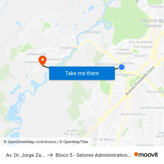 Av. Dr. Jorge Zarur, 181 to Bloco 5 - Setores Administrativos Fve / Univap map