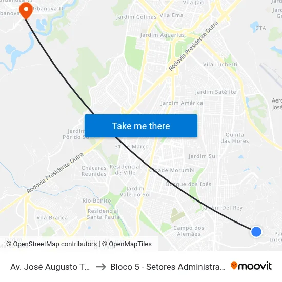 Av. José Augusto Teixeira, 5000 to Bloco 5 - Setores Administrativos Fve / Univap map