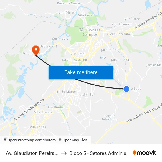 Av. Glaudiston Pereira De Oliveira, 4000 to Bloco 5 - Setores Administrativos Fve / Univap map