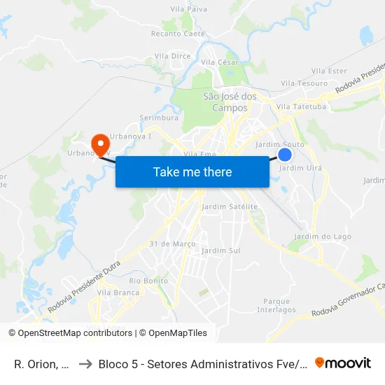 R. Orion, 119 to Bloco 5 - Setores Administrativos Fve / Univap map
