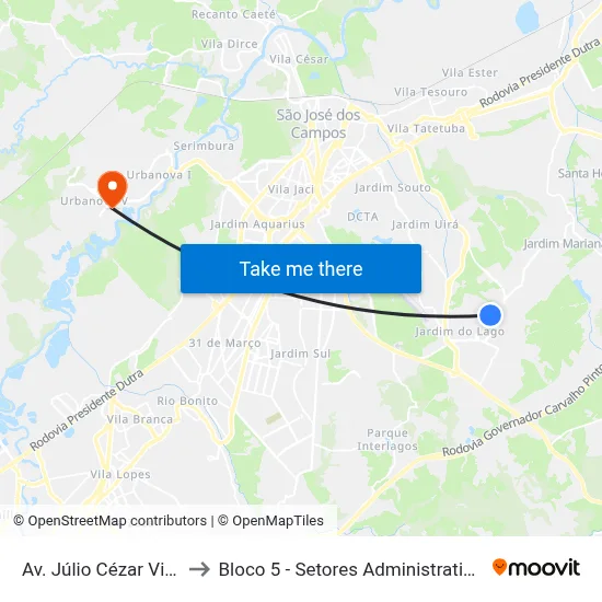 Av. Júlio Cézar Villaça, 258 to Bloco 5 - Setores Administrativos Fve / Univap map