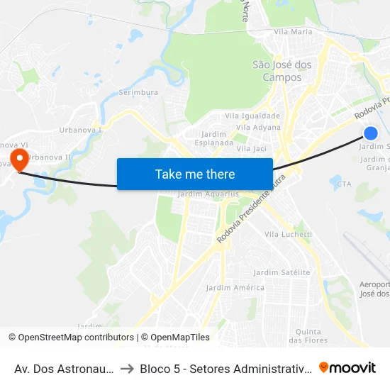 Av. Dos Astronautas, S/Nº to Bloco 5 - Setores Administrativos Fve / Univap map