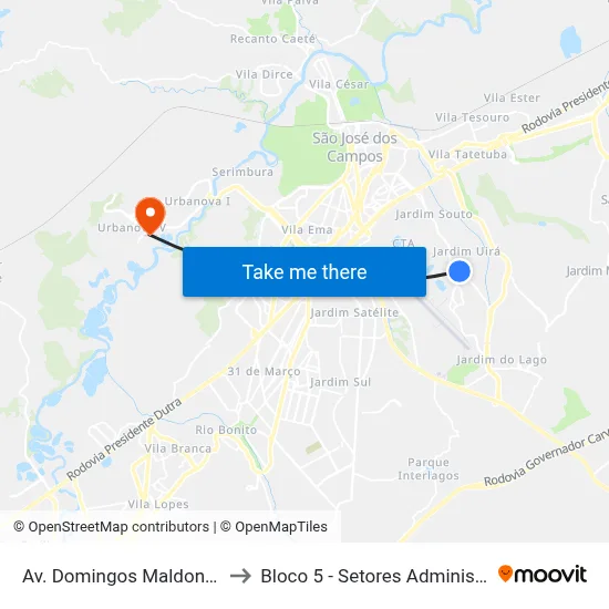 Av. Domingos Maldonado Campoy, 100 to Bloco 5 - Setores Administrativos Fve / Univap map
