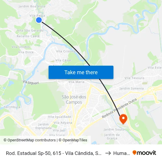 Rod. Estadual Sp-50, 615 - Vila Cândida, São José Dos Campos to Humanitas map