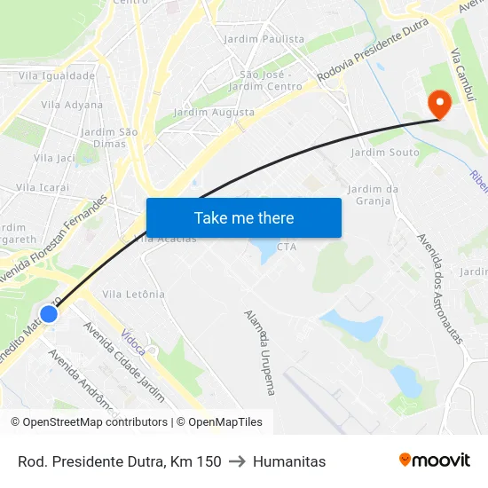 Rod. Presidente Dutra, Km 150 to Humanitas map