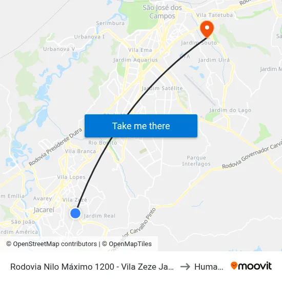 Rodovia Nilo Máximo 1200 - Vila Zeze Jacareí - SP Brasil to Humanitas map