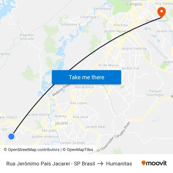 Rua Jerônimo País Jacareí - SP Brasil to Humanitas map