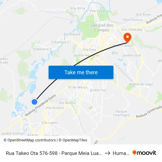 Rua Takeo Ota 576-598 - Parque Meia Lua Jacareí - SP Brasil to Humanitas map