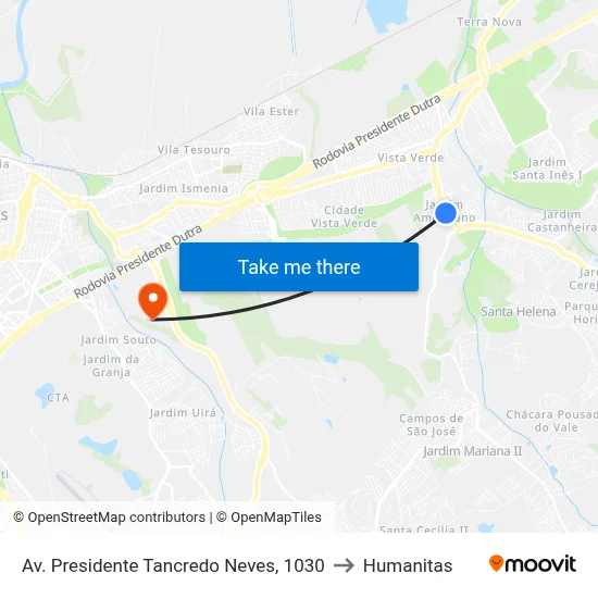 Av. Presidente Tancredo Neves, 1030 to Humanitas map