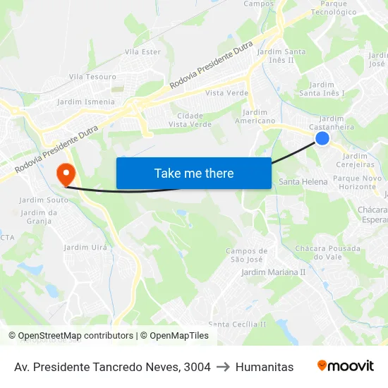 Av. Presidente Tancredo Neves, 3004 to Humanitas map