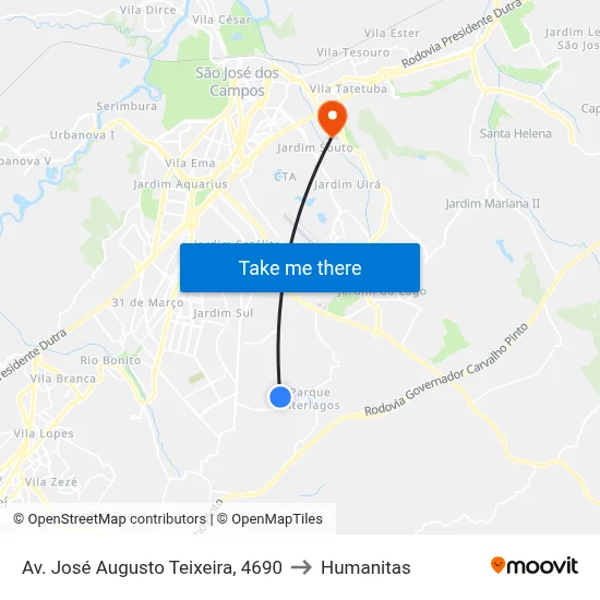 Av. José Augusto Teixeira, 4690 to Humanitas map