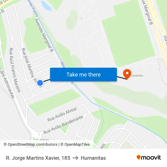 R. Jorge Martins Xavier, 185 to Humanitas map