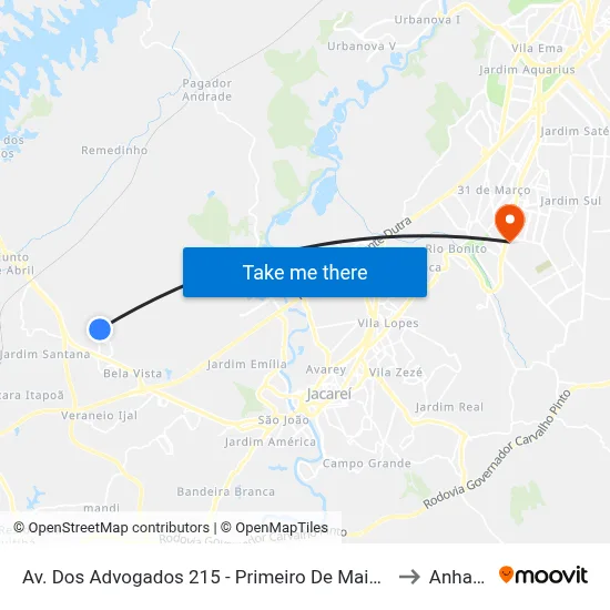 Av. Dos Advogados 215 - Primeiro De Maio Jacareí - SP 12332-510 Brasil to Anhanguera map
